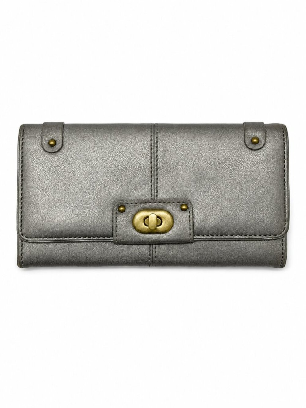Banana Republic Metallic Silver-Gray Leather Wallet with Brass Turn Lock